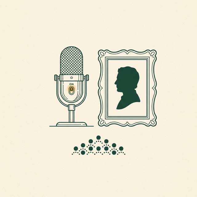 Line illustration of a microphone next to a framed portrait silhouette